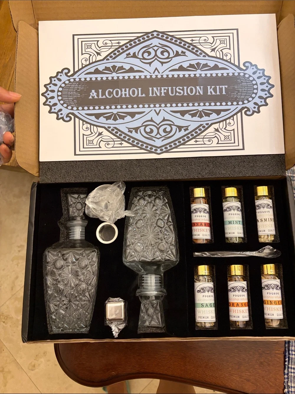Alcohol Infusion Kit by - Clear Glass Decanters with Assorted Flavor Bottles